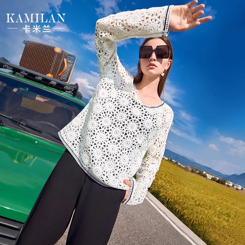 卡米兰设计感钩花镂空毛衣女2024秋季新款绵羊毛针织衫内搭上衣