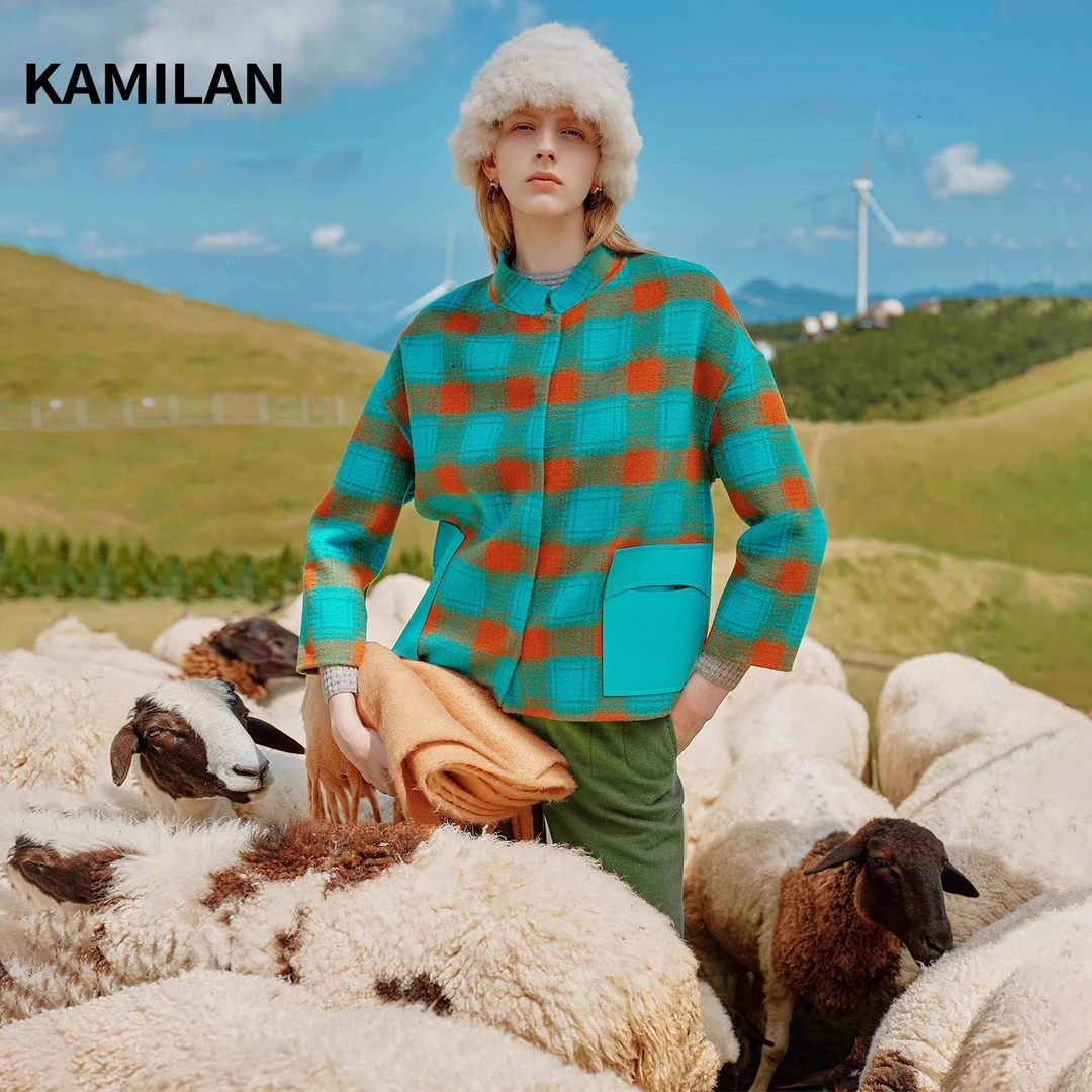 [绵羊毛]卡米兰千鸟格羊毛大衣2024秋新款短款羊毛双面呢大衣外套