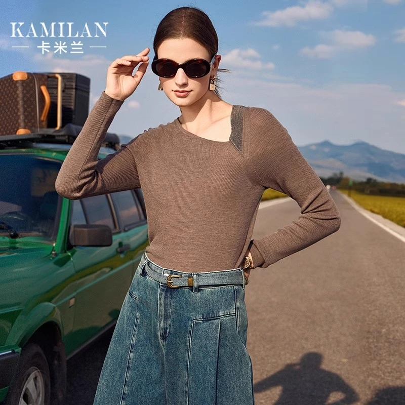卡米兰设计感短款修身显瘦羊毛衫女2024春冬新款毛衣打底衫上衣