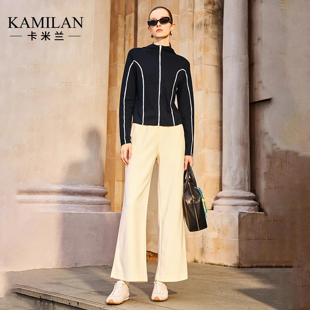 卡米兰洋气长袖针织衫开衫女2024秋新款时尚运动休闲连帽外套上衣