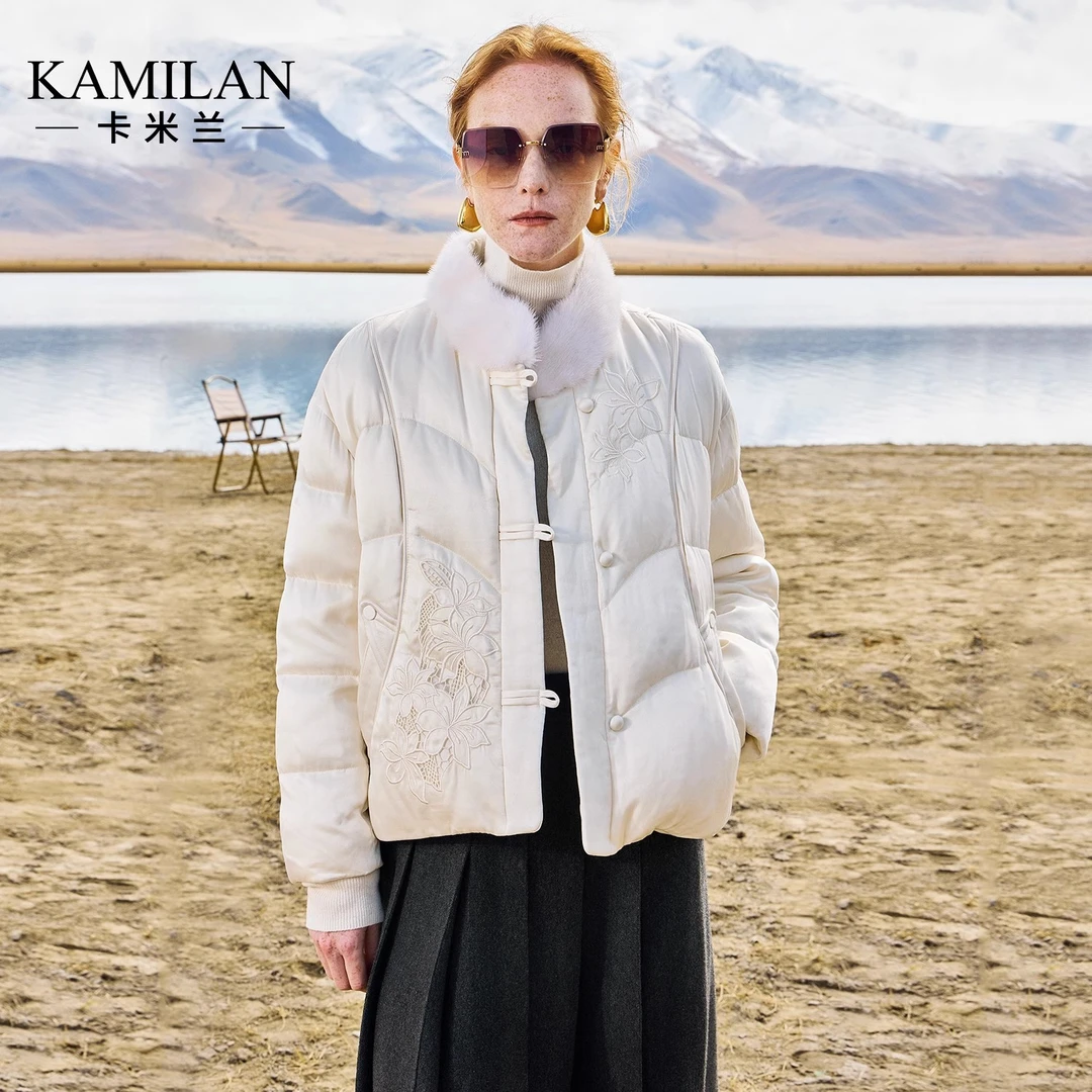 [水貂毛x鹅绒服]卡米兰新中式绣花白鹅绒羽绒服女2024冬新款外套