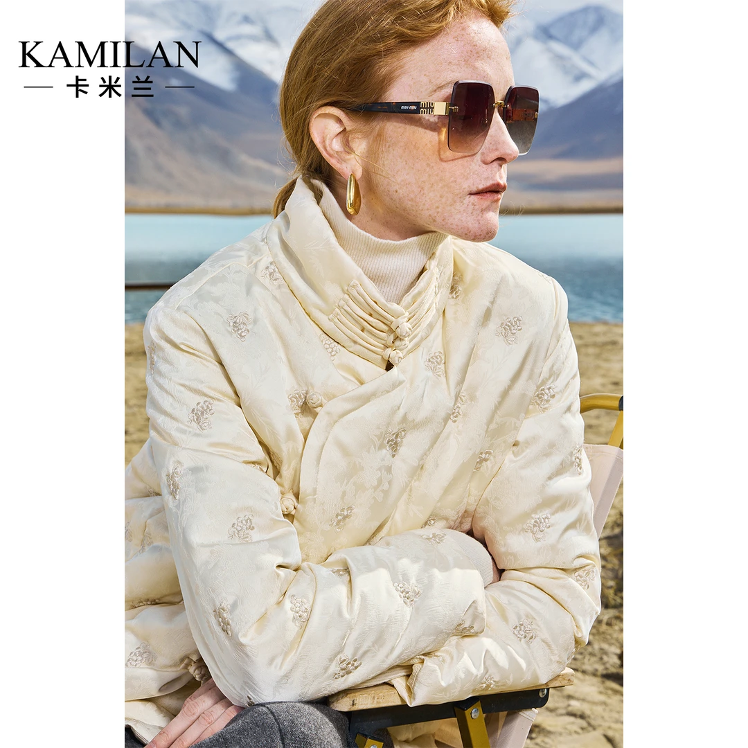 [新中式×白鹅绒]卡米兰短款绣花羽绒服女2024冬新款高领羽绒外套