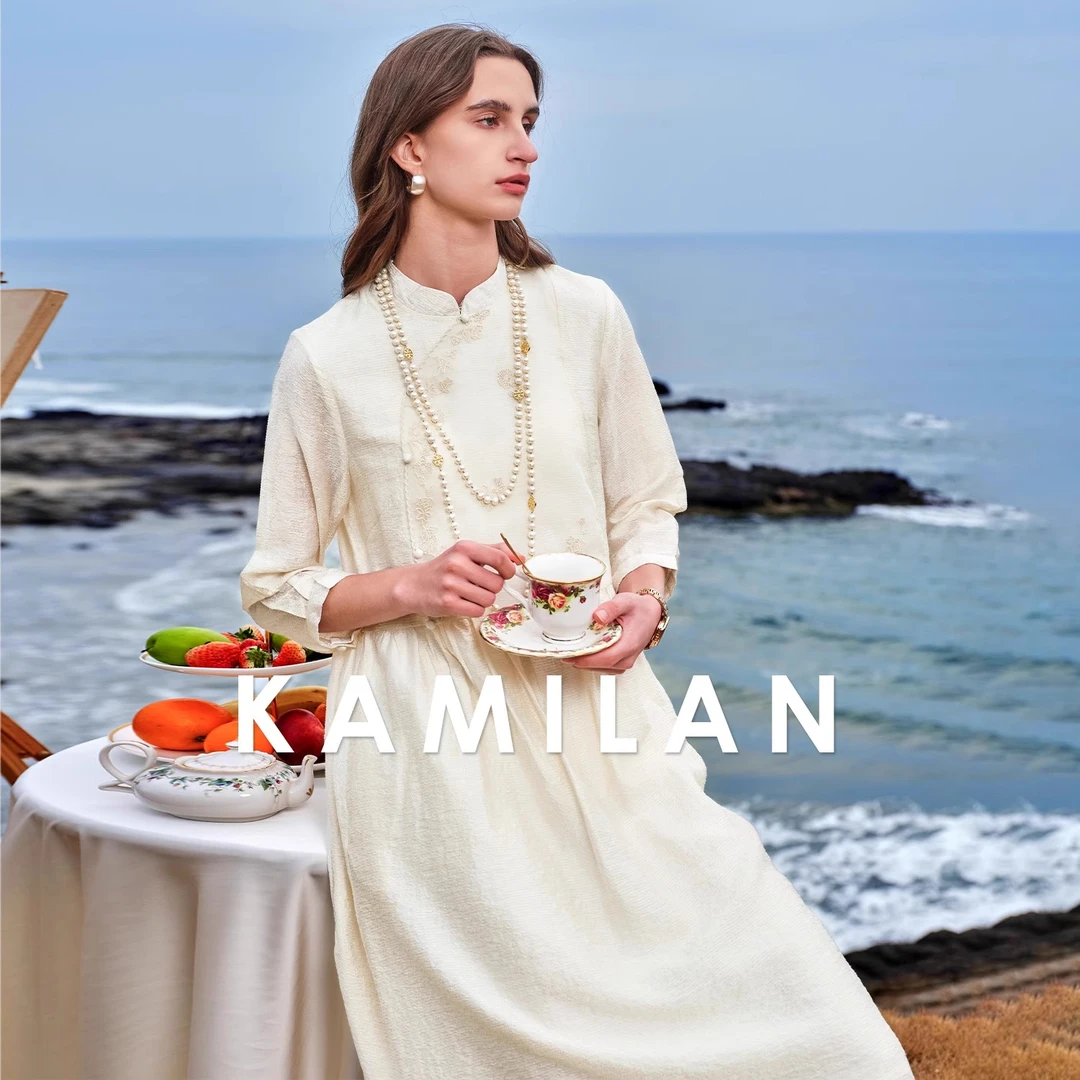 [新中式刺绣]卡米兰小立领复古连衣裙女2024春夏新款中长款A字裙