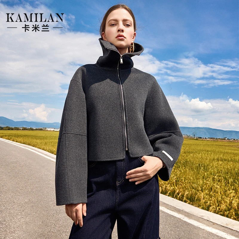 卡米兰短款设计感双面羊毛大衣女2024秋冬新款百搭羊毛双面呢外套