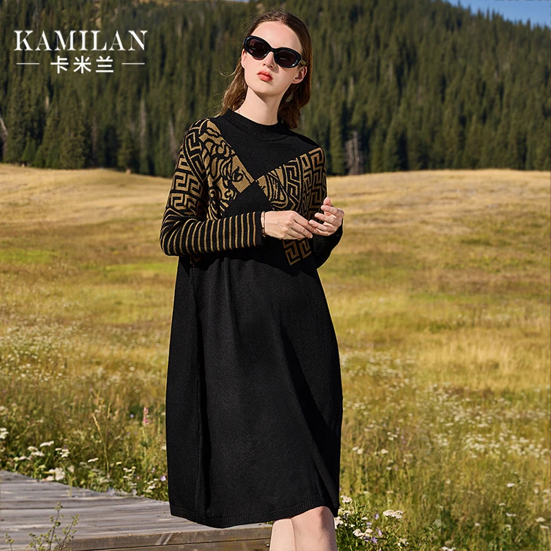 卡米兰法式高腰针织连衣裙女2023秋季新款宽松中长款毛衣打底裙
