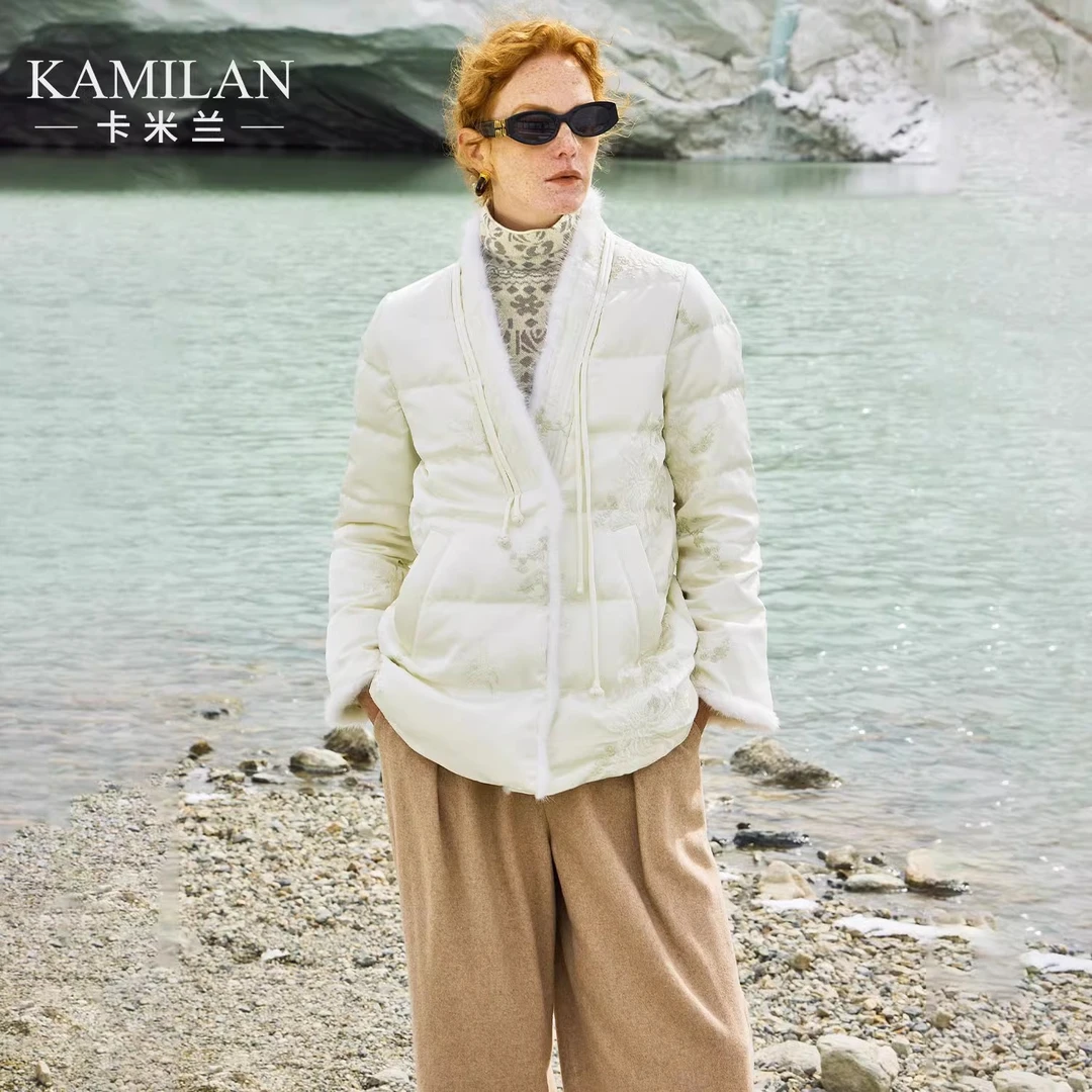 [水貂毛x刺绣]卡米兰水貂毛拼接羽绒服女2024冬新款绣花羽绒外套