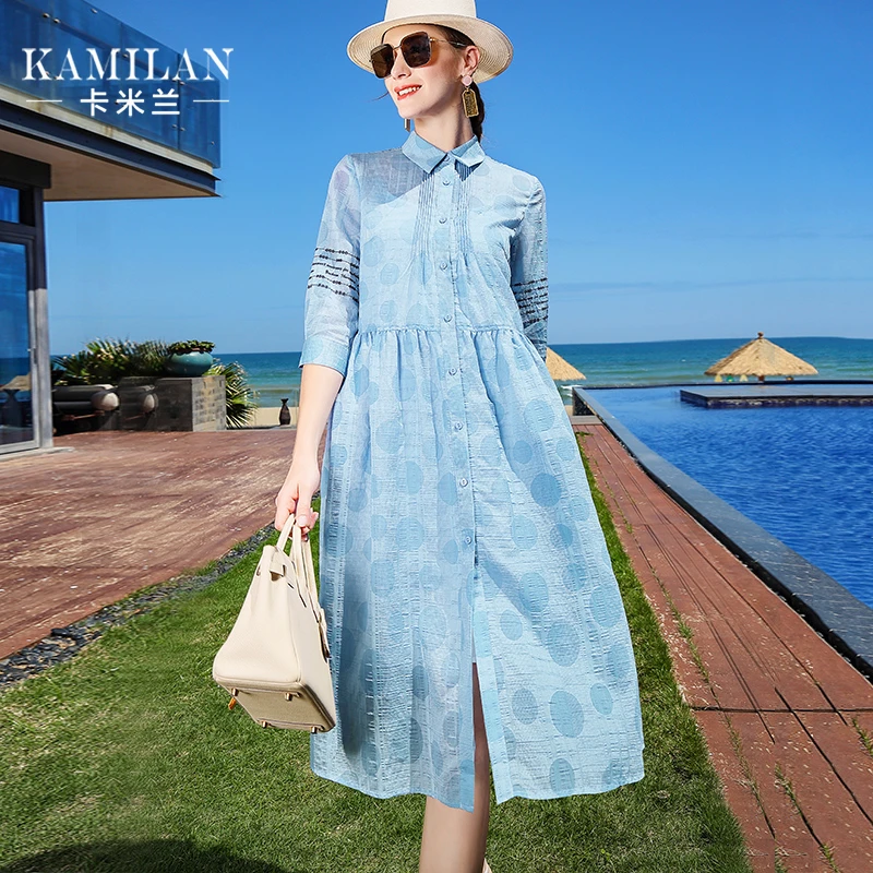 卡米兰七分袖连衣裙女夏季新款宽松中长款时尚高腰显瘦衬衫裙