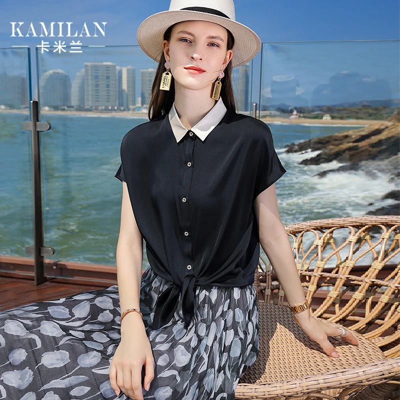 卡米兰新款衬衫女夏装上衣设计感小众短袖衬衣