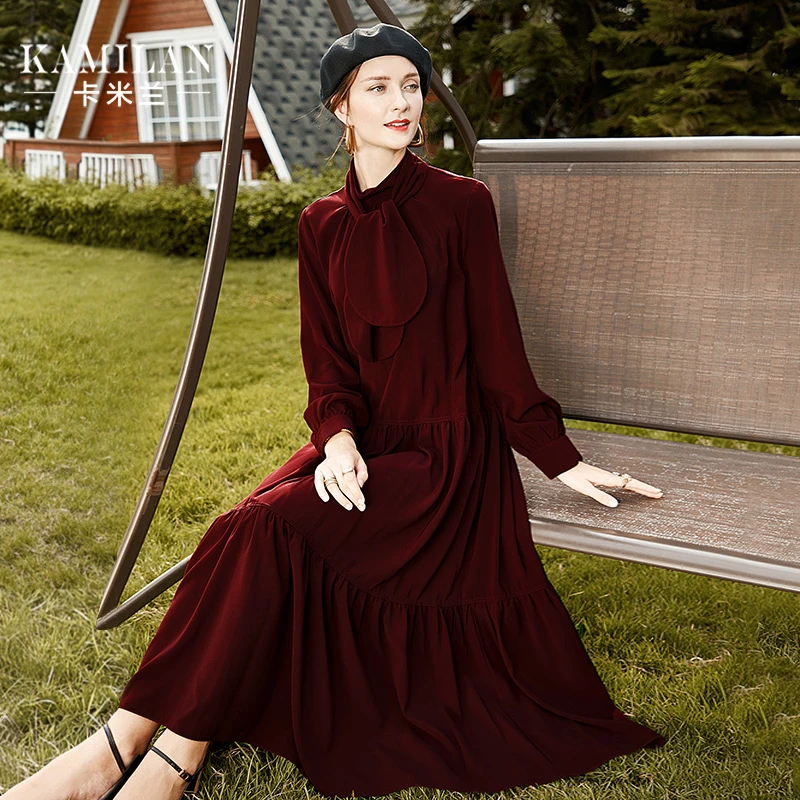 卡米兰连衣裙女新款女秋装裙子酒红色宽松中长款长袖A字裙