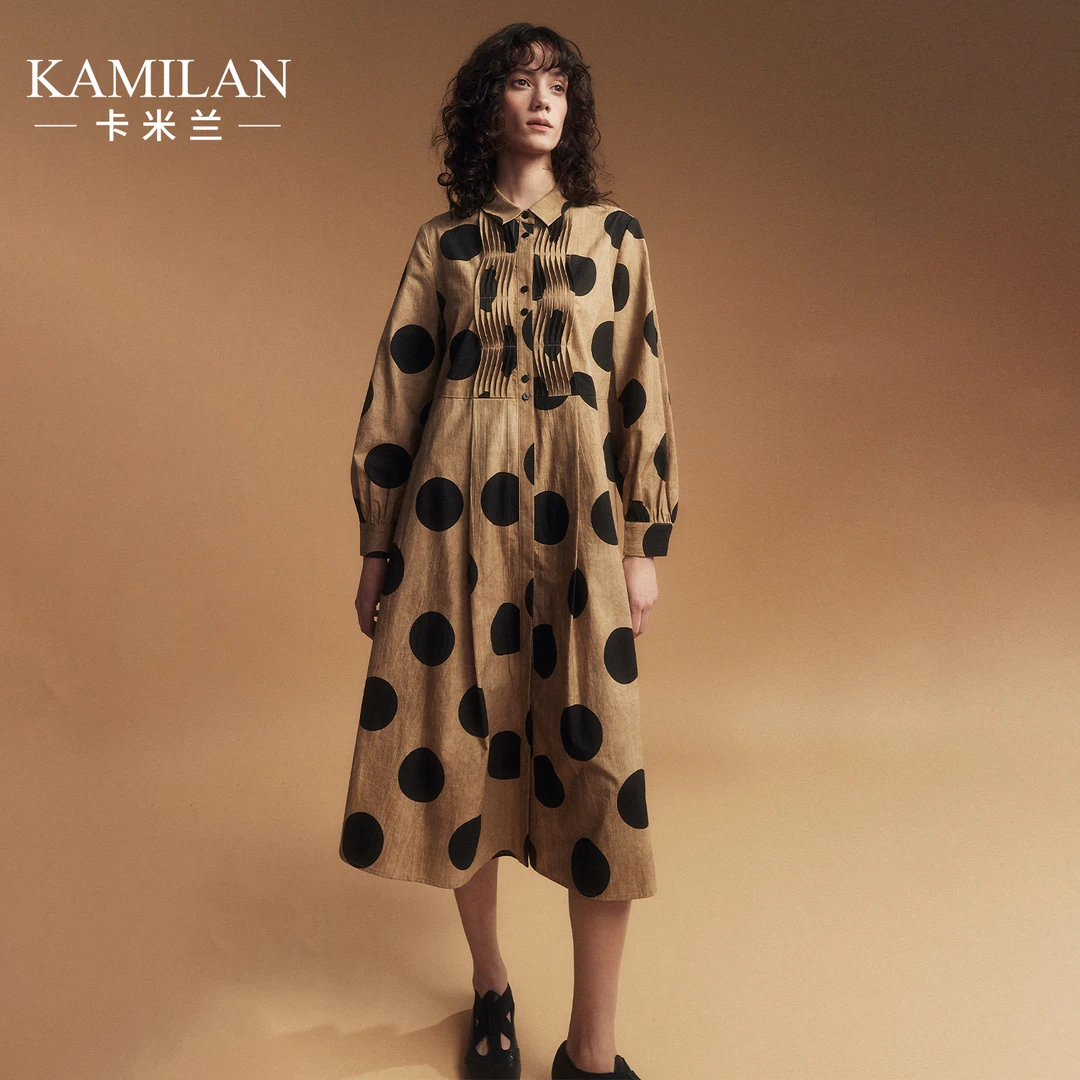 卡米兰设计感波点印花拼接连衣裙女2024春季新款中长款长袖衬衫裙
