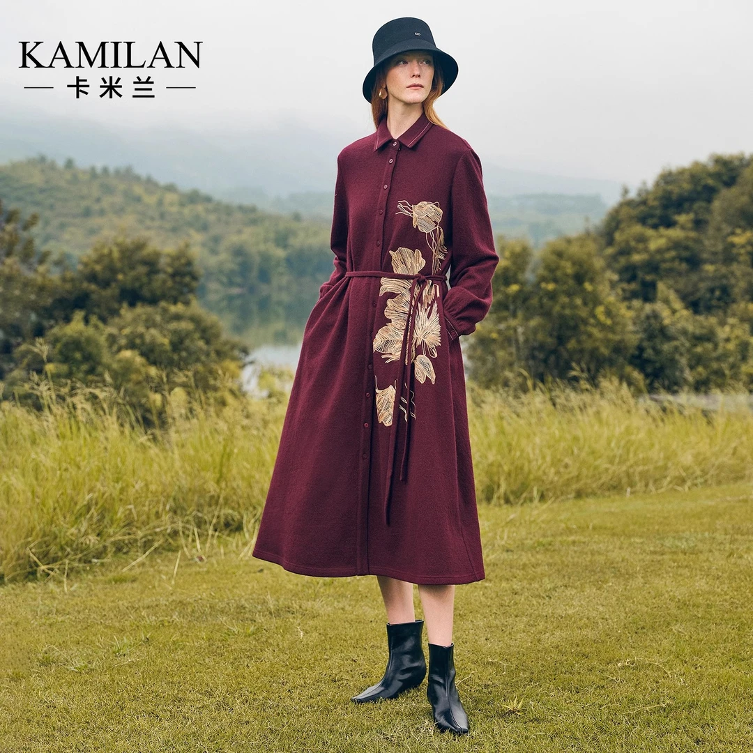 [100羊毛x刺绣]卡米兰绣花羊毛连衣裙女2024秋季新款中长款衬衫裙