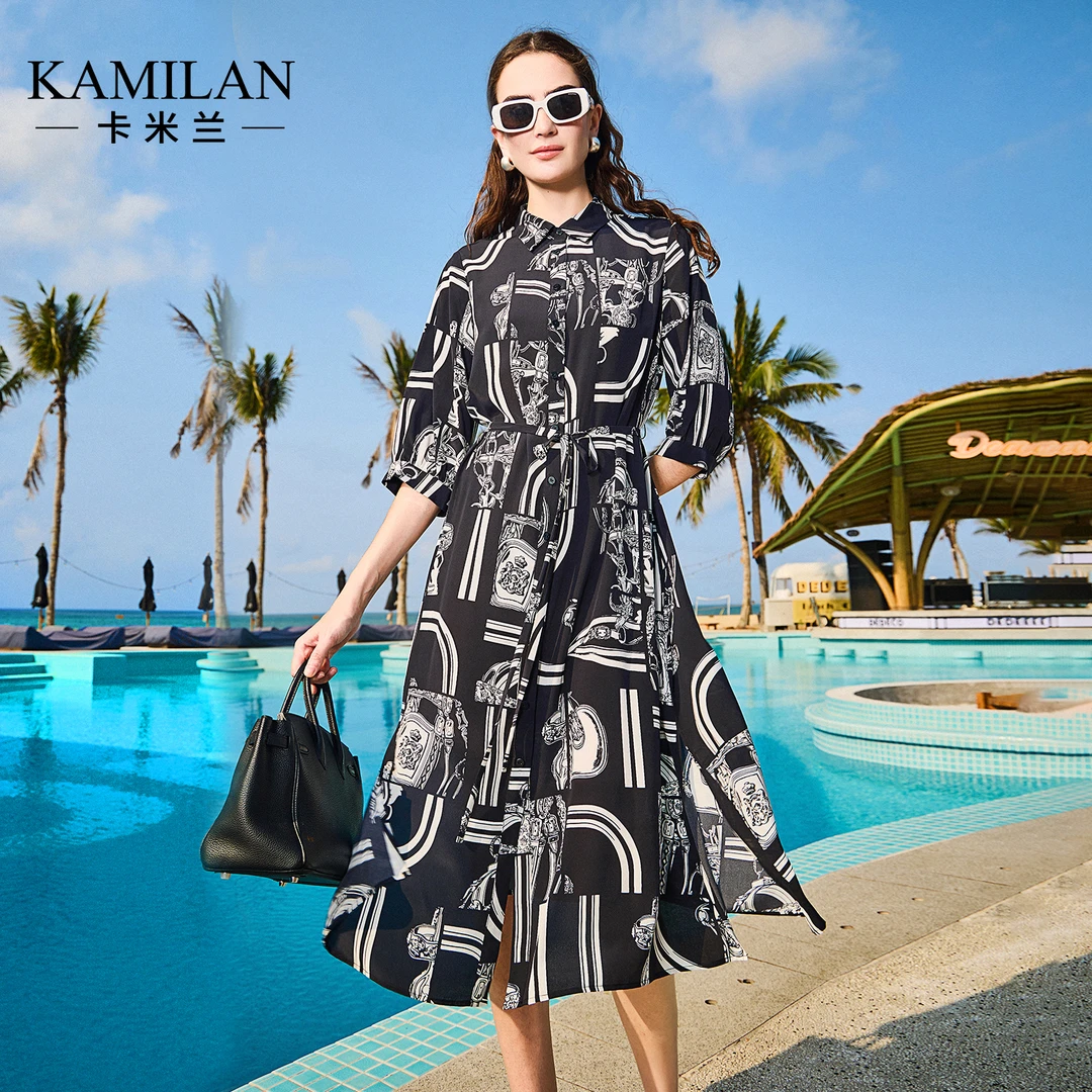 [100桑蚕丝]卡米兰真丝连衣裙女2024夏季新款中长款七分袖衬衫裙