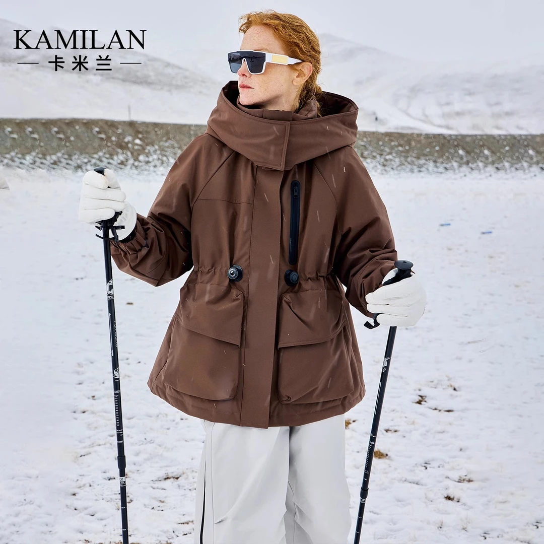 卡米兰户外徒步轻薄羽绒服女2024冬季新款收腰白鸭绒羽绒外套连帽