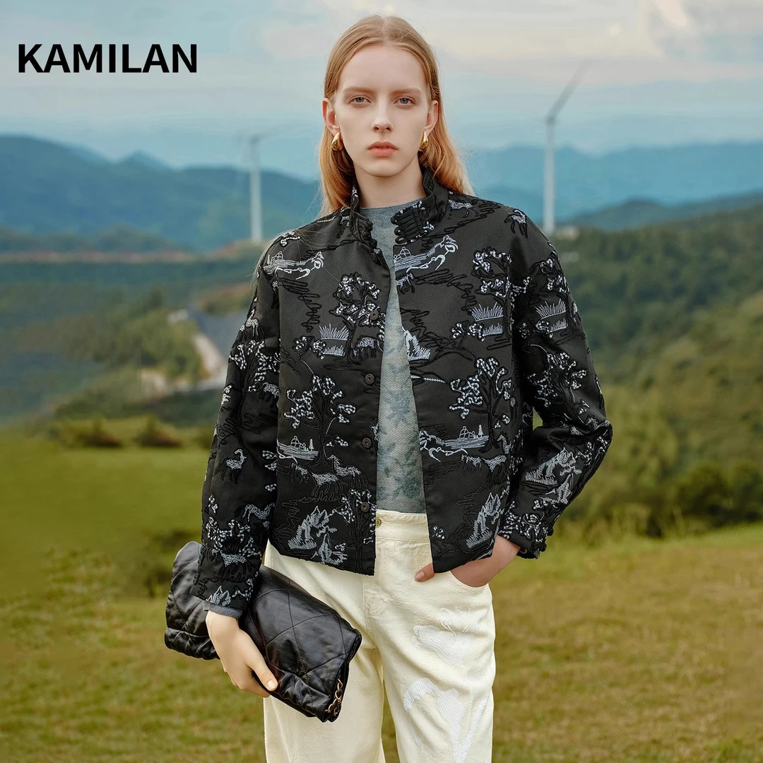 [新中式x刺绣]卡米兰复古短外套女2024年冬季新款绣花外套上衣