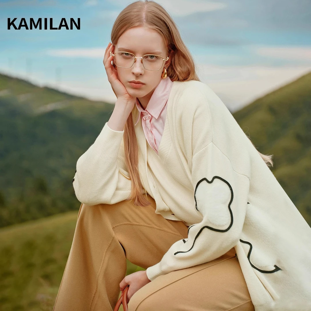 [绵羊毛]卡米兰洋气时尚羊毛毛衣女2024冬季新款休闲百搭针织上衣