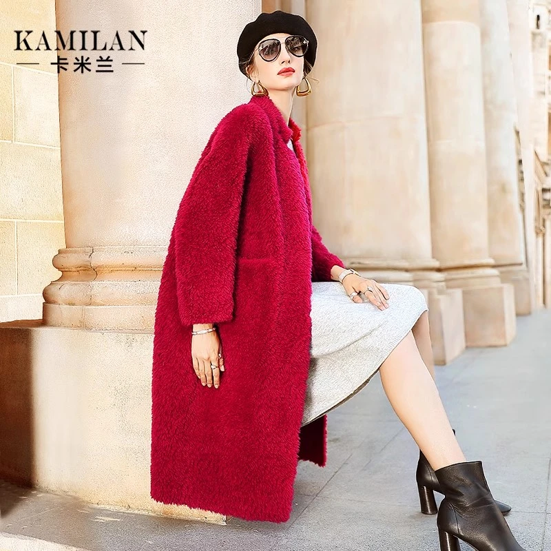 卡米兰红色羊剪绒大衣女2024秋冬新款宽松中长款保暖羊剪毛外套