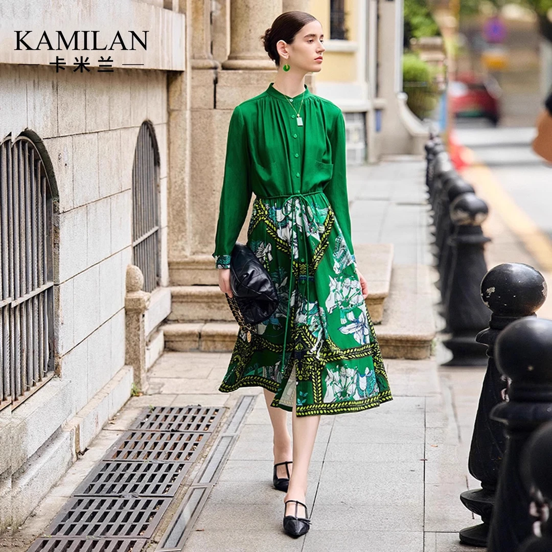 卡米兰法式复古高腰连衣裙女2024秋季新款印花中长款a字衬衫裙
