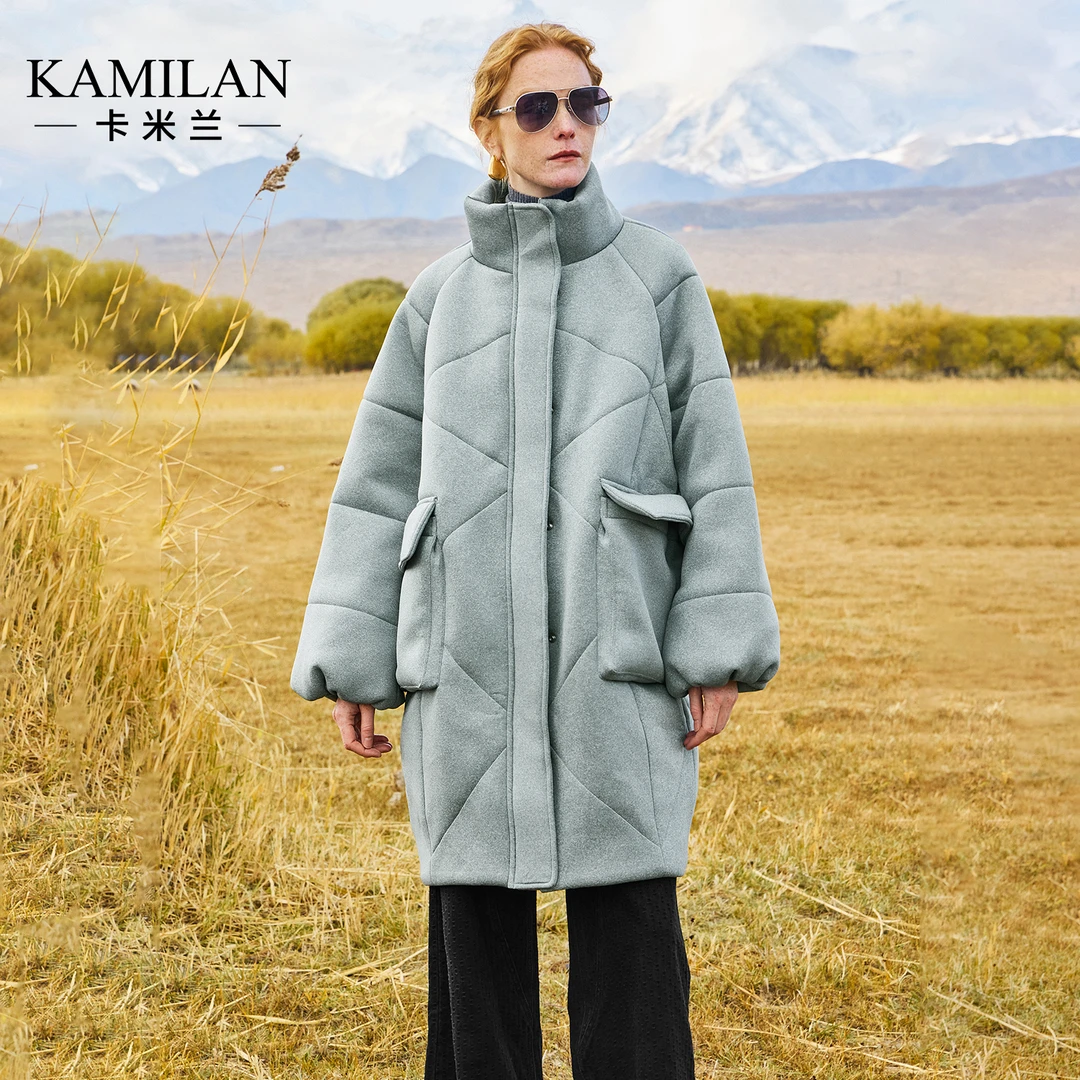 卡米兰别致流行外套女2024冬季新款保暖中长款羊毛填充加厚外套