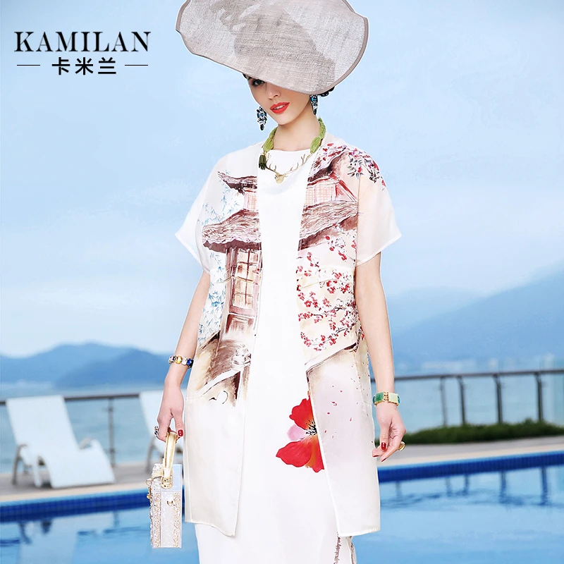 KAMILAN 卡米兰夏季新款印花真丝外披女中长款短袖披肩空调衫