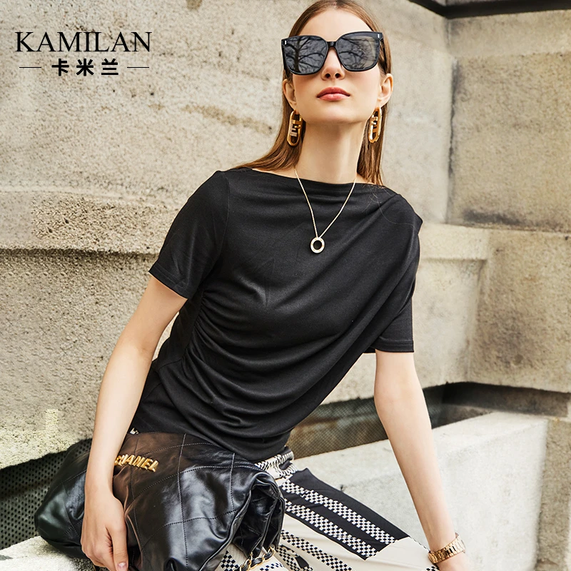 卡米兰独特别致黑色短袖T恤女2024夏季新款短款修身显瘦内搭上衣