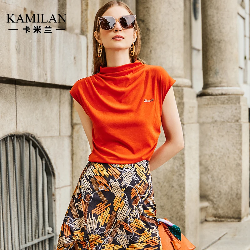 卡米兰2024夏季新款时尚休闲百搭显瘦简约立领纯色T恤