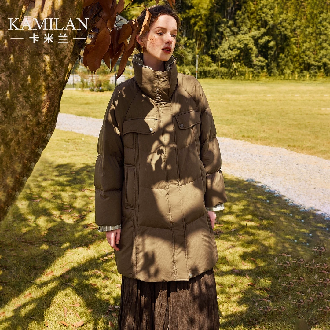 卡米兰时尚洋气羽绒服女2024冬季新款中长款保暖白鸭绒羽绒外套