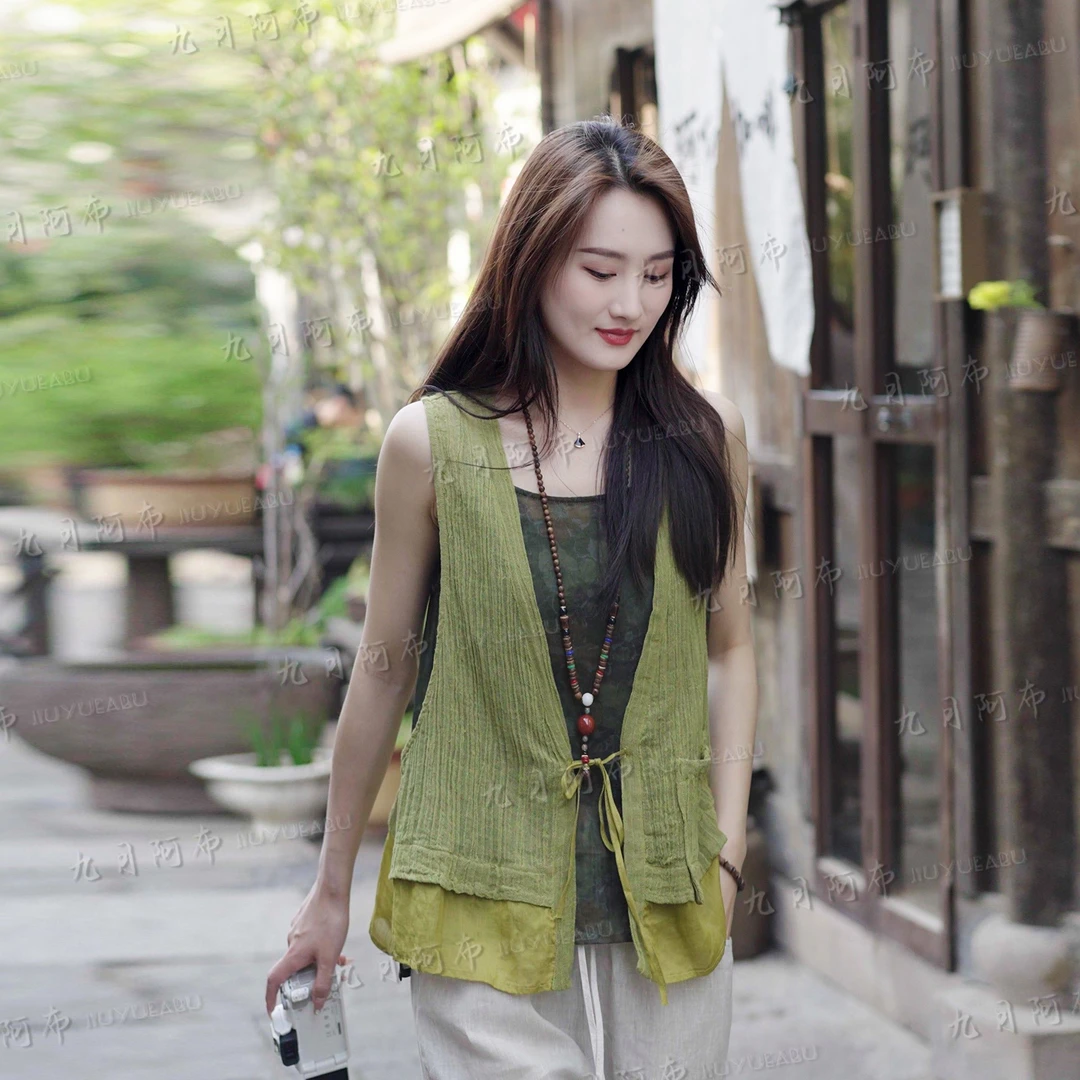九月阿布原创肌理感苎麻拼接马夹大码文艺女装宽松外搭背心6119