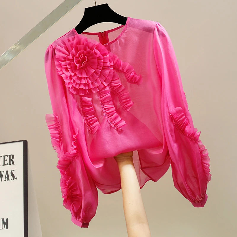 洋气小众木耳边灯笼袖立体长袖装饰衬衫小衫洋气微胖女装玫红上衣