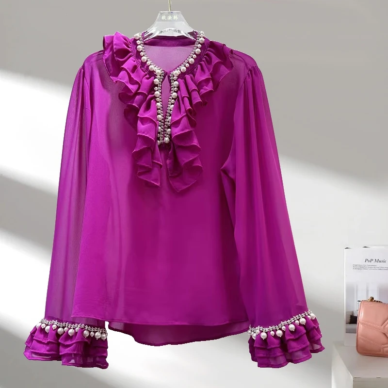 法式轻奢风重工钉珠荷叶边高级设计感显瘦超仙减龄百搭气质小衫女