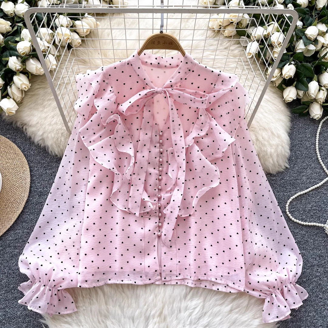 法式温柔风衬衫女秋季蝴蝶结绑带荷叶边拼接显瘦爱心印花雪纺上衣