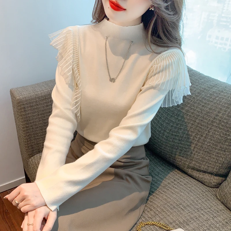 洋气精致高端秋季新款修身长袖网纱仙气半高领气质长袖针织衫上衣