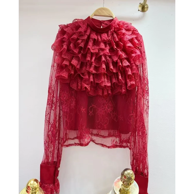 法式秋冬新款女装高贵设计花边喇叭袖衫洋气衬衫上衣女蕾丝衫长袖