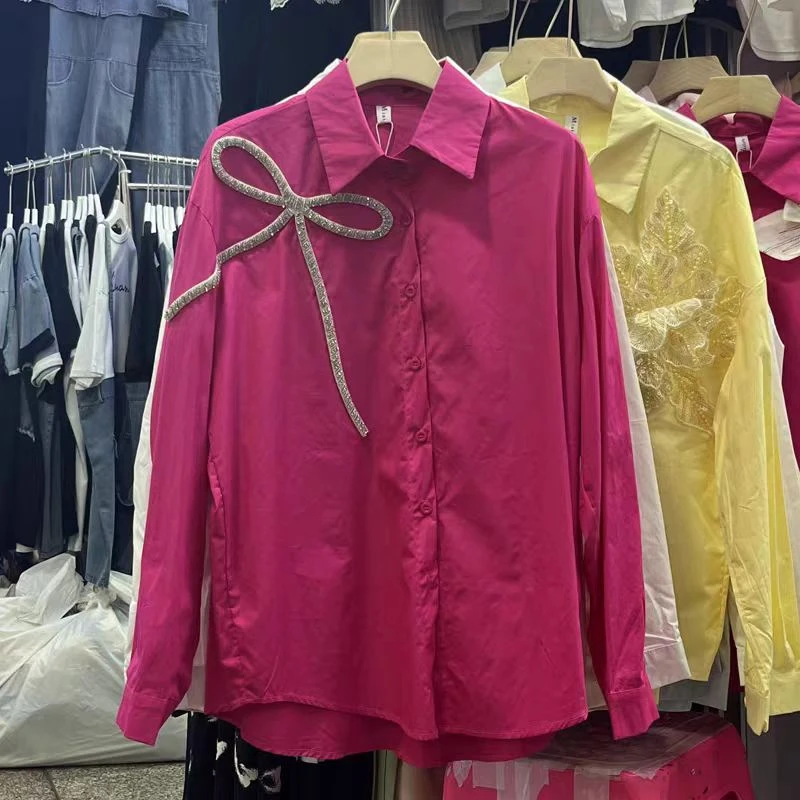 设计感立体亮片蝴蝶结装饰长袖衬衫女秋季新款中长款衬衣时尚上衣