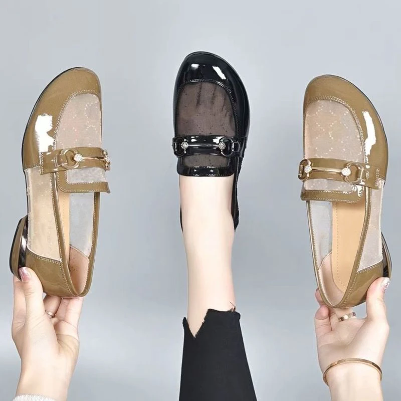 透气网纱单鞋新款镂空薄款女鞋妈妈鞋平底软底圆头乐福鞋低跟皮鞋