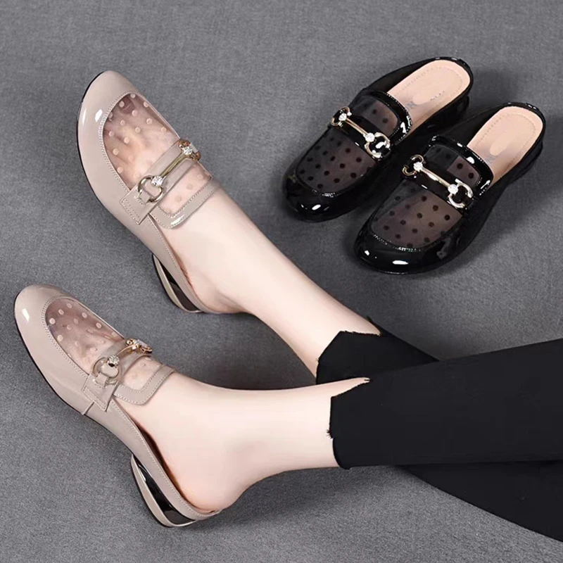 网纱真软皮包头半拖鞋女夏季外穿镂空低跟女鞋平底软底乐福鞋凉拖