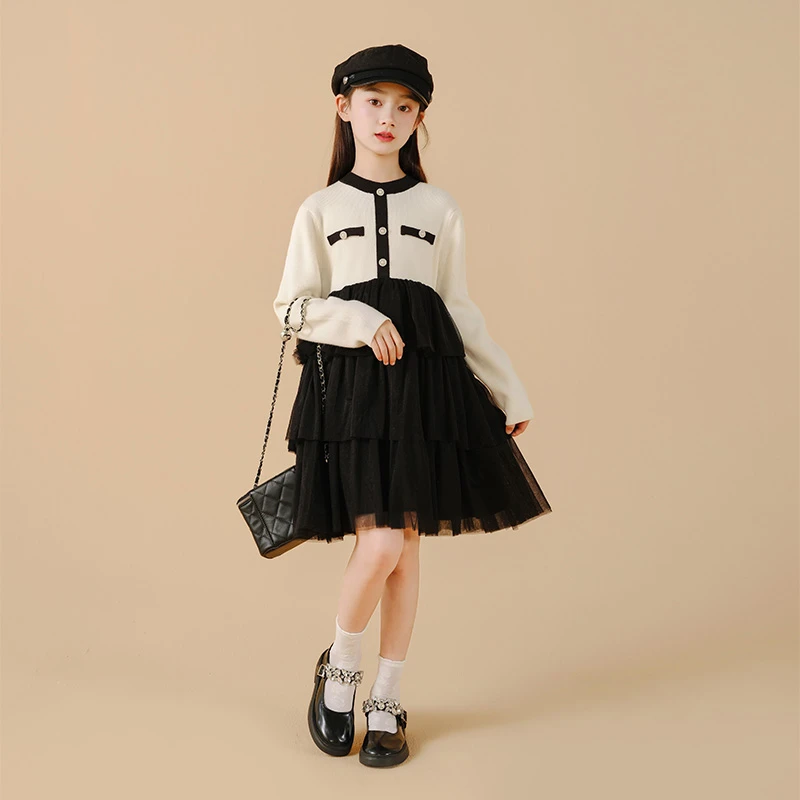 【甜美蛋糕】小香风秋冬新款网纱裙双色女孩中大童拼接长袖98546