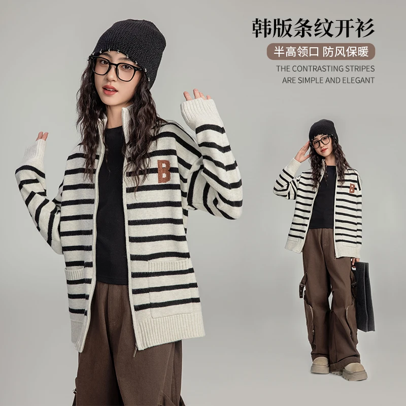 针织开衫外套条纹简约宽松百搭半高领秋季长袖时尚25480