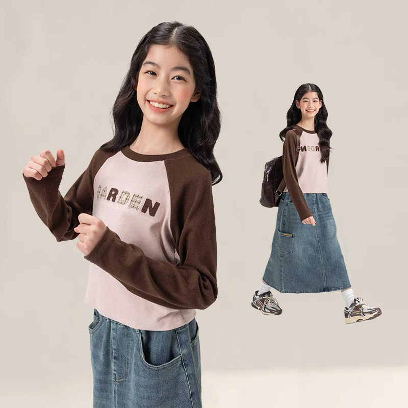 女童T恤2024秋装款字母圆领儿童长袖美式休闲复古撞色打底衫25378