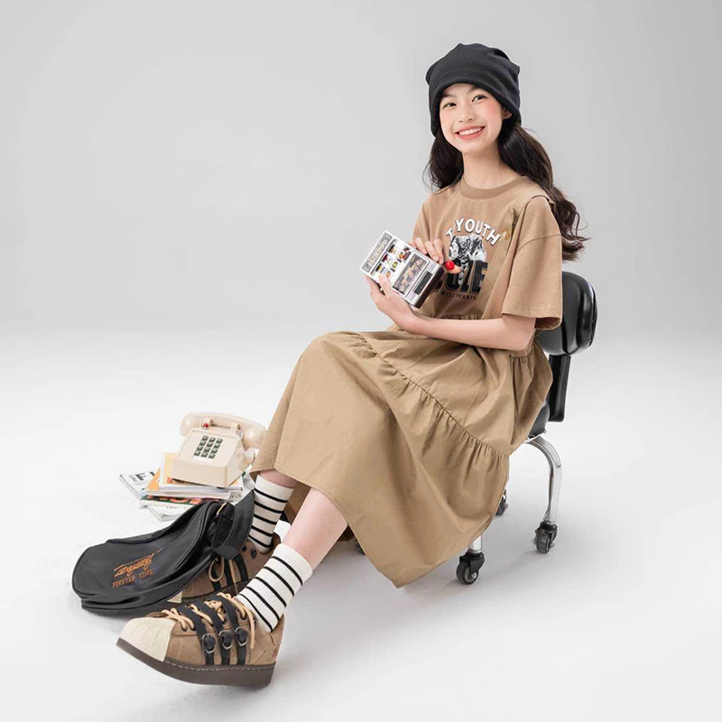 假两件连衣裙纯棉短袖圆领咖色女中大童夏款宽松学生韩版25306