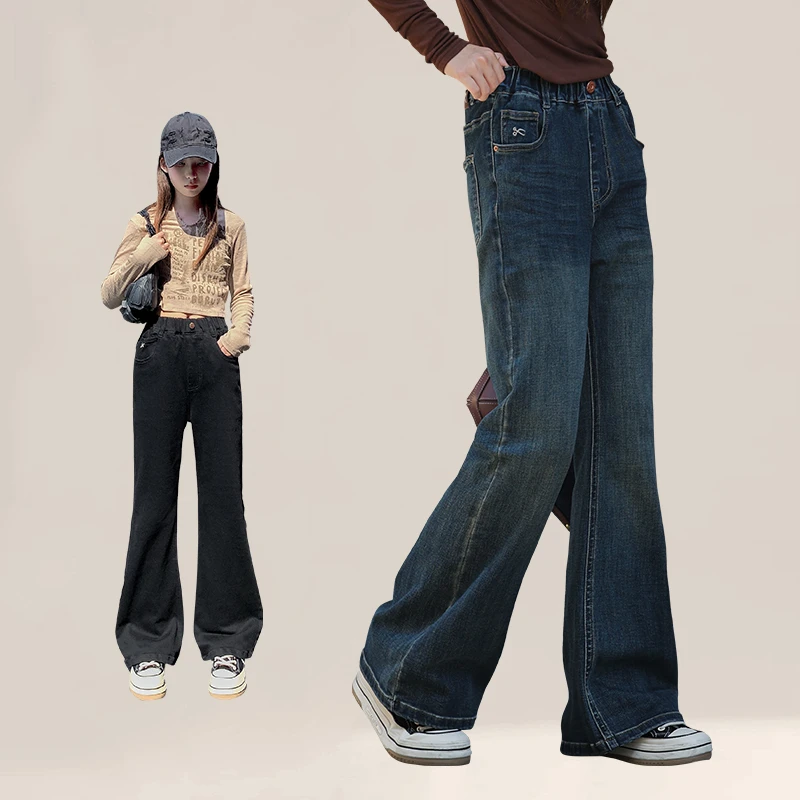 微喇牛仔裤双色女中大童显瘦拖地裤休闲复古百搭25450-451
