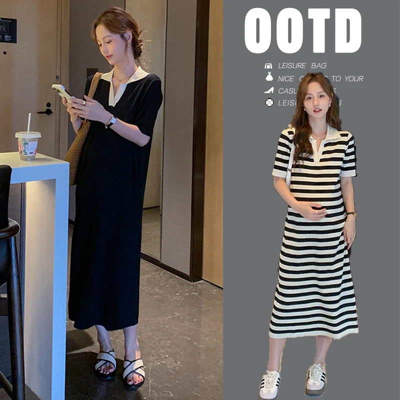 孕妇装新款孕妇春夏装翻领中长款宽松显瘦时尚连衣裙过膝韩版大码