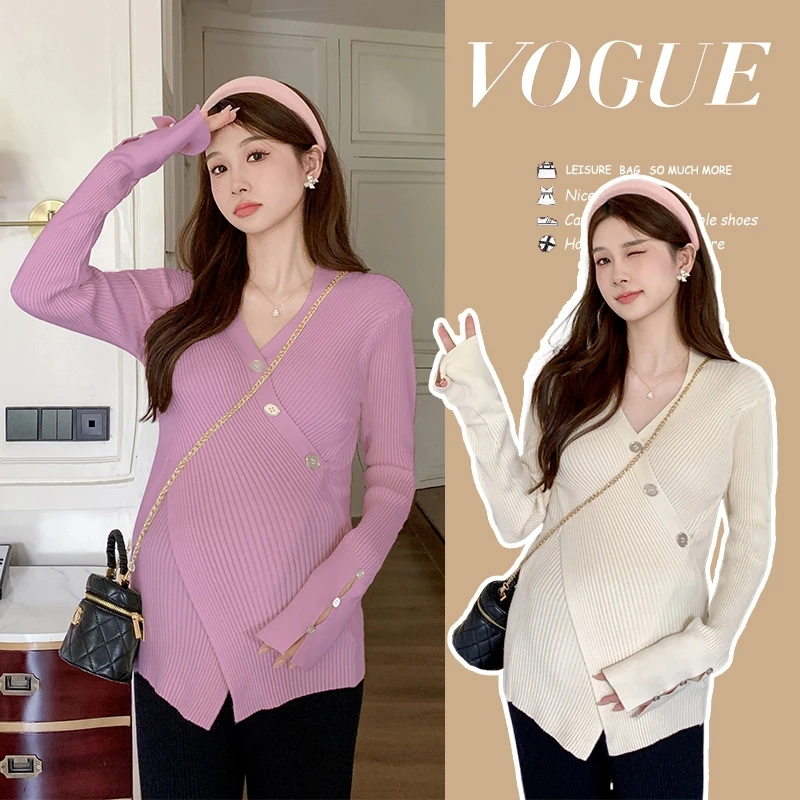 可哺乳百搭孕妇装上衣长袖打底衫大码针织毛衣气质显瘦交叉设计感