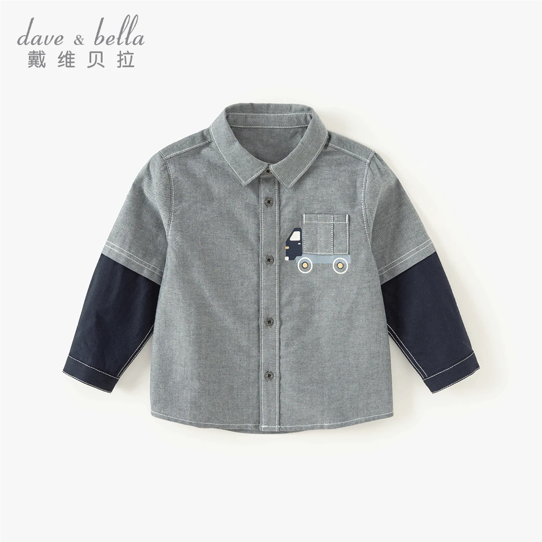 戴维贝拉男童衬衫2025秋装新款男宝宝全棉假两件拼色休闲内搭上衣