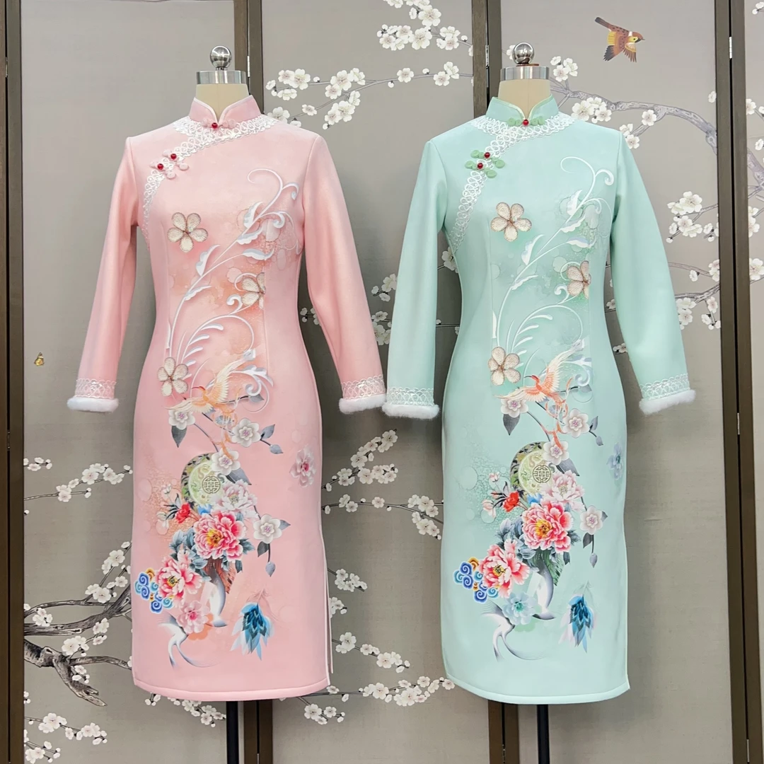 凤穿牡丹显瘦加厚加绒九分袖连衣裙气质中长款国风复古改良旗袍