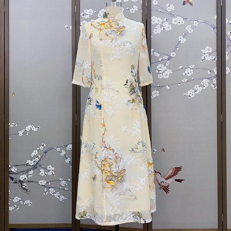 百花齐放改良遮肚中长款旗袍裙夏季日常印花显瘦修身中国风旗袍