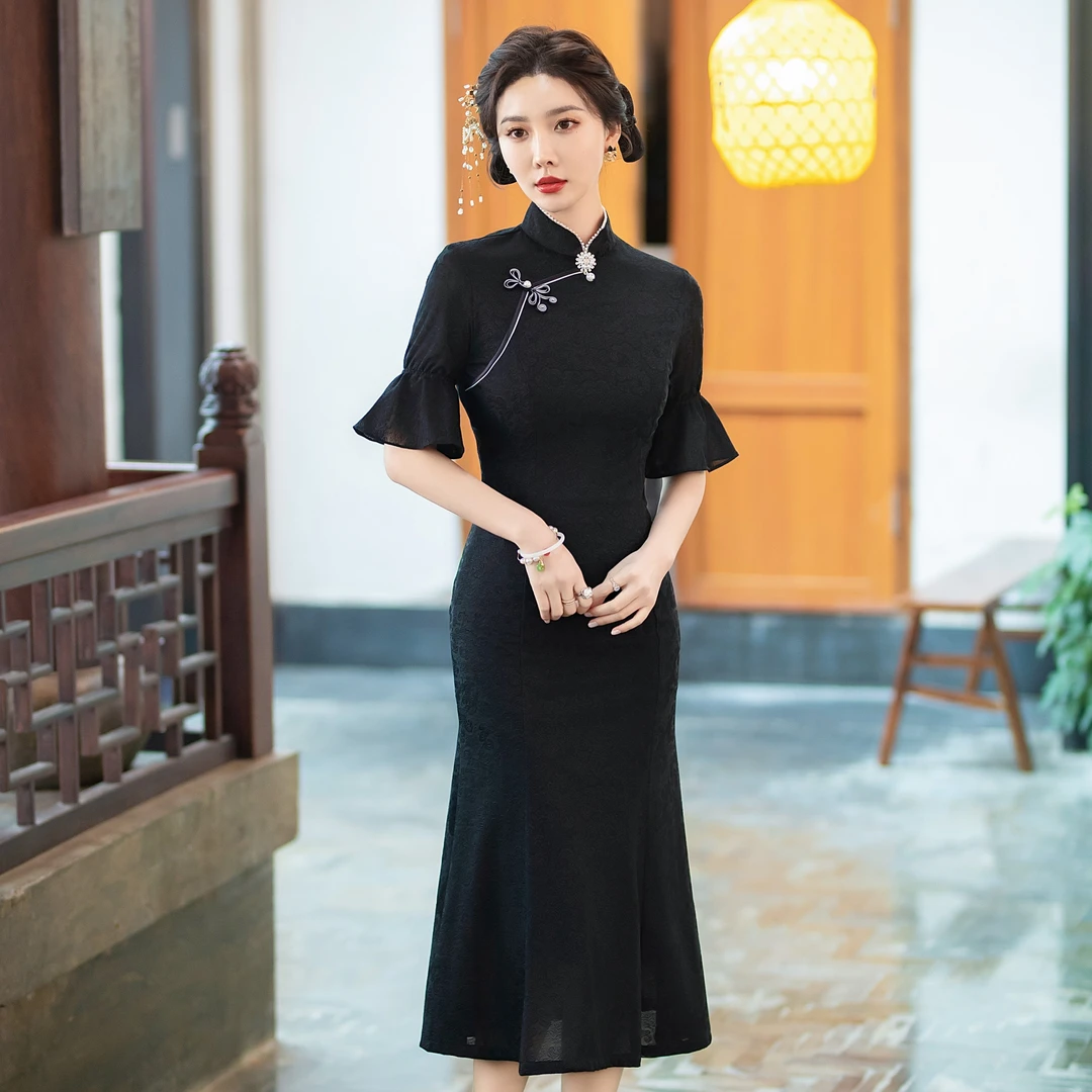 2025春秋款织绵优雅提花旗袍复古气质修身长款旗袍春秋手工中长款