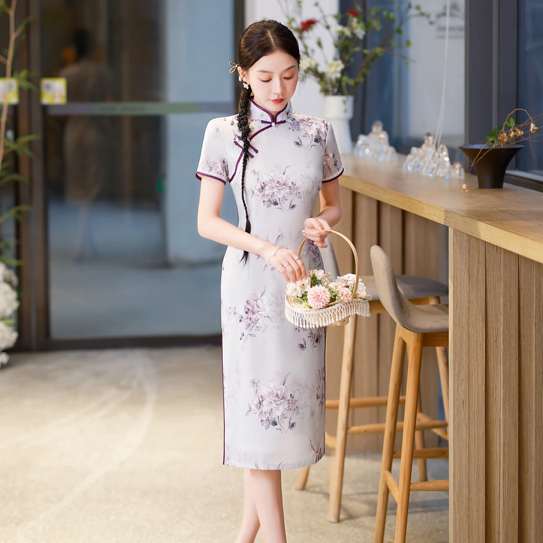 2024春夏季最新款淡紫色短袖中国风旗袍裙气质少女连衣裙中长款
