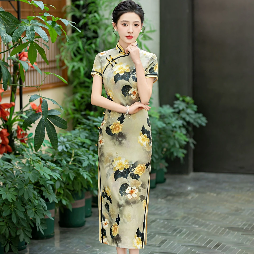 2025韵牡丹夏季新款高级复古中国风缎丝手工长款遮肚子裙子