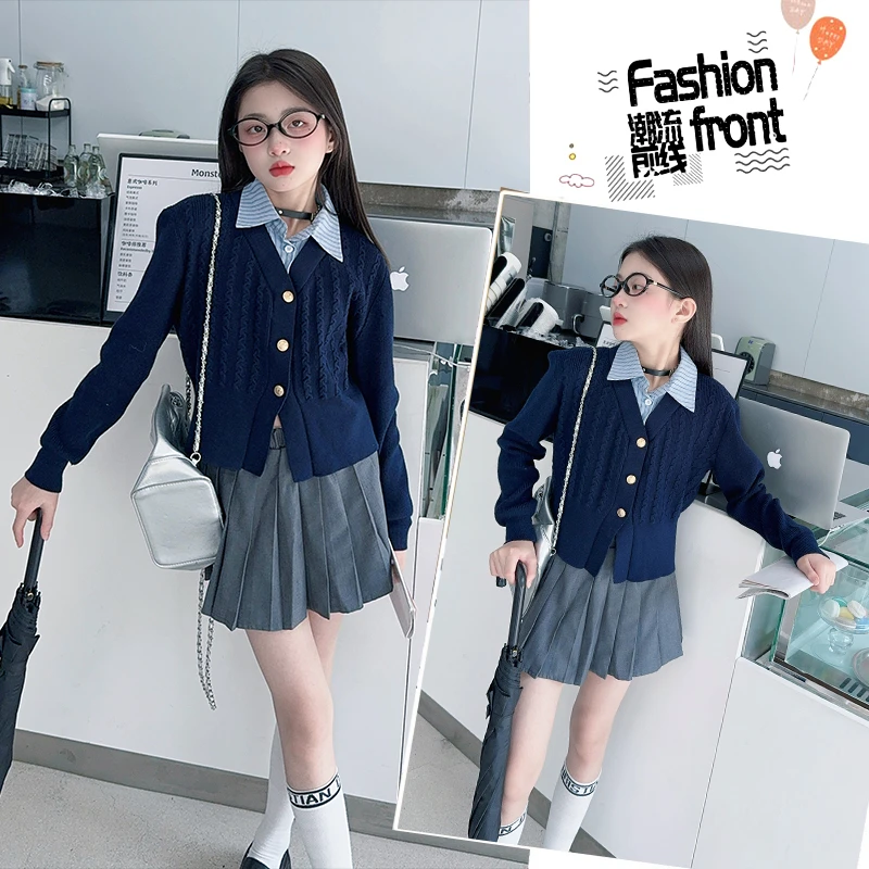 女童秋季学院风针织衫假两件毛衣2024新款中大童英伦风小女孩衣服