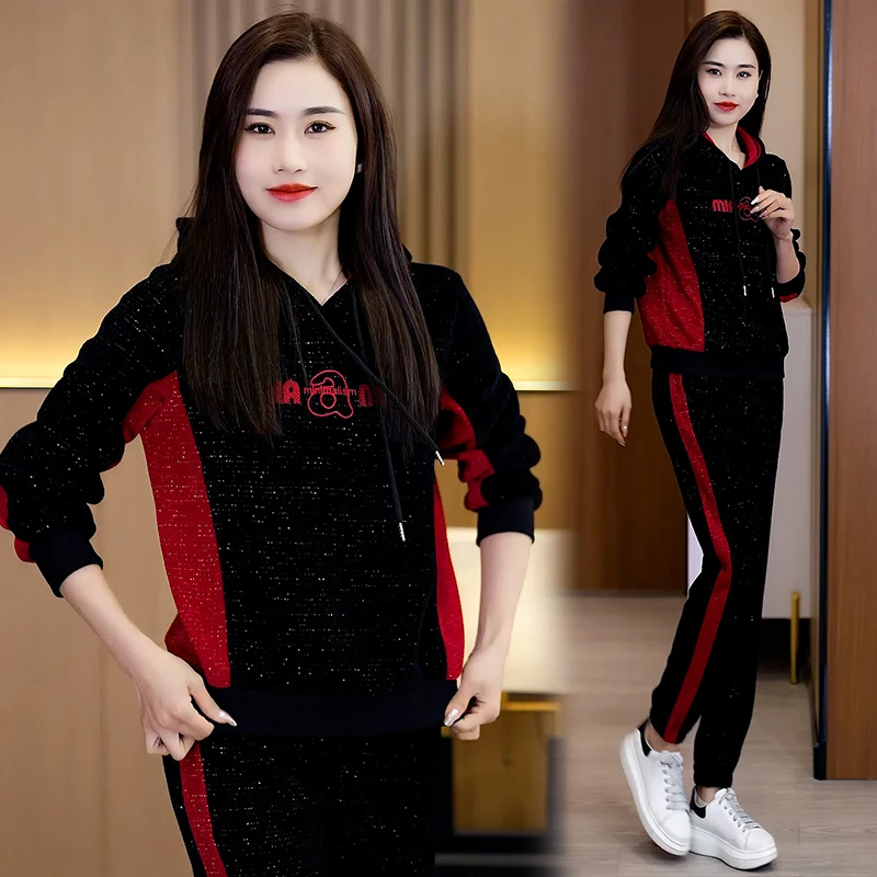 2024冬季新款加绒加厚拼色套装厚加显瘦休闲时尚运动连帽宽松套装